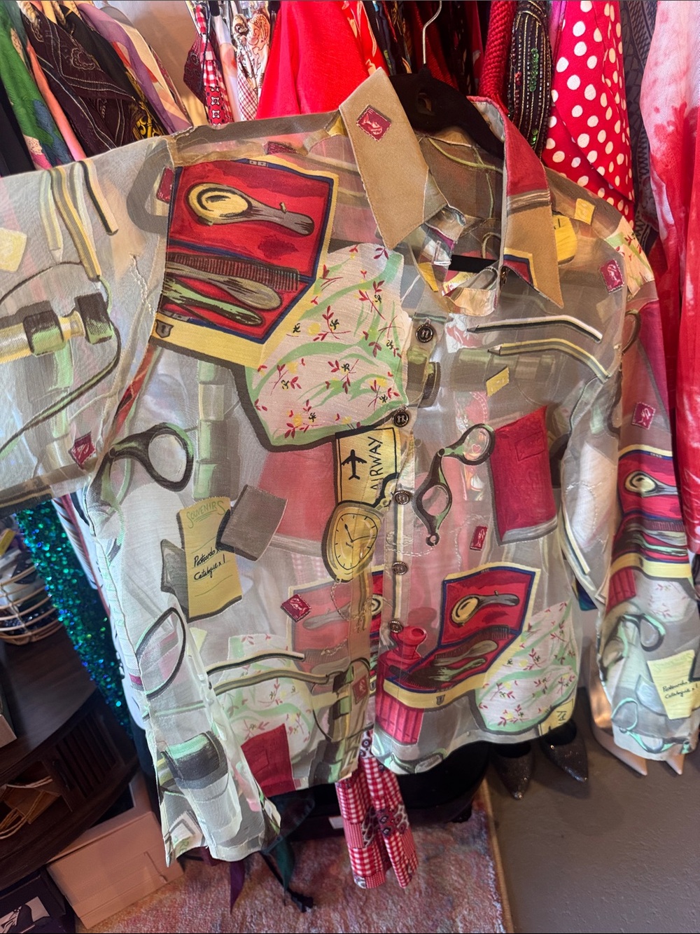 Vintage Novelty Traveler Print Sheer Button Front Blouse - Picture 2 of 6